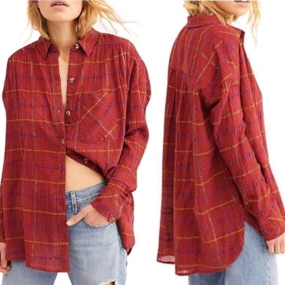 Free people break my stride button bottom boho oversized shirt sz S - Picture 1 of 7